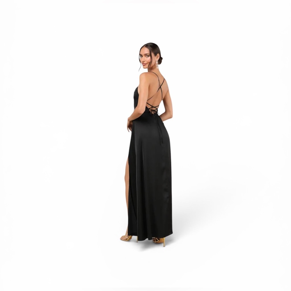 Lulus NWT “So Loving” Black Satin Pleated Lace Up Backless Maxi Dress Size Large - Picture 15 of 15
